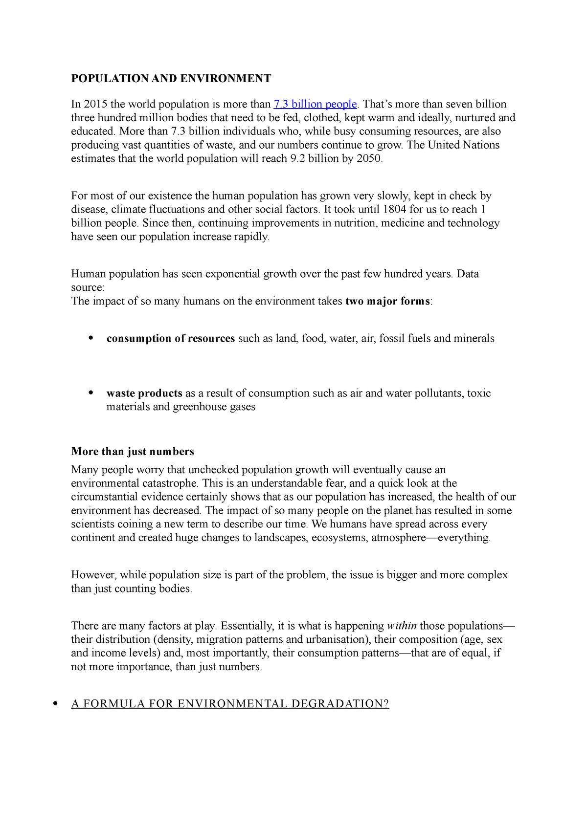 essay in population and environment