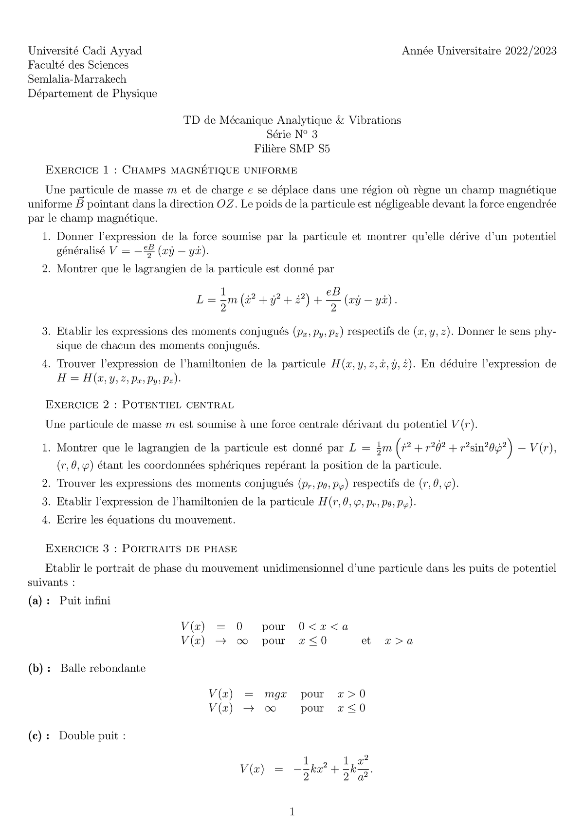 Td3 22 23 Td 3 Mécanique Analytique 2022 Universit ́e Cadi Ayyad Ann ́ee Universitaire 2022 9938