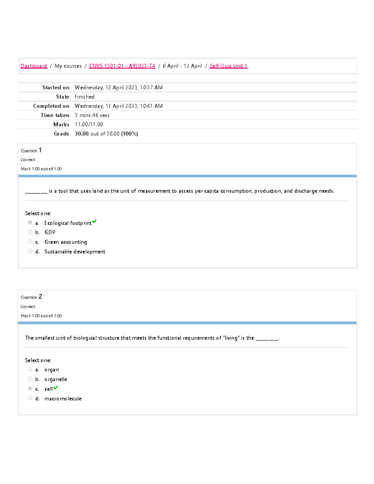 ENVS 1301 Self-Quiz Unit 1 Attempt Review - Started On Wednesday, 12 ...