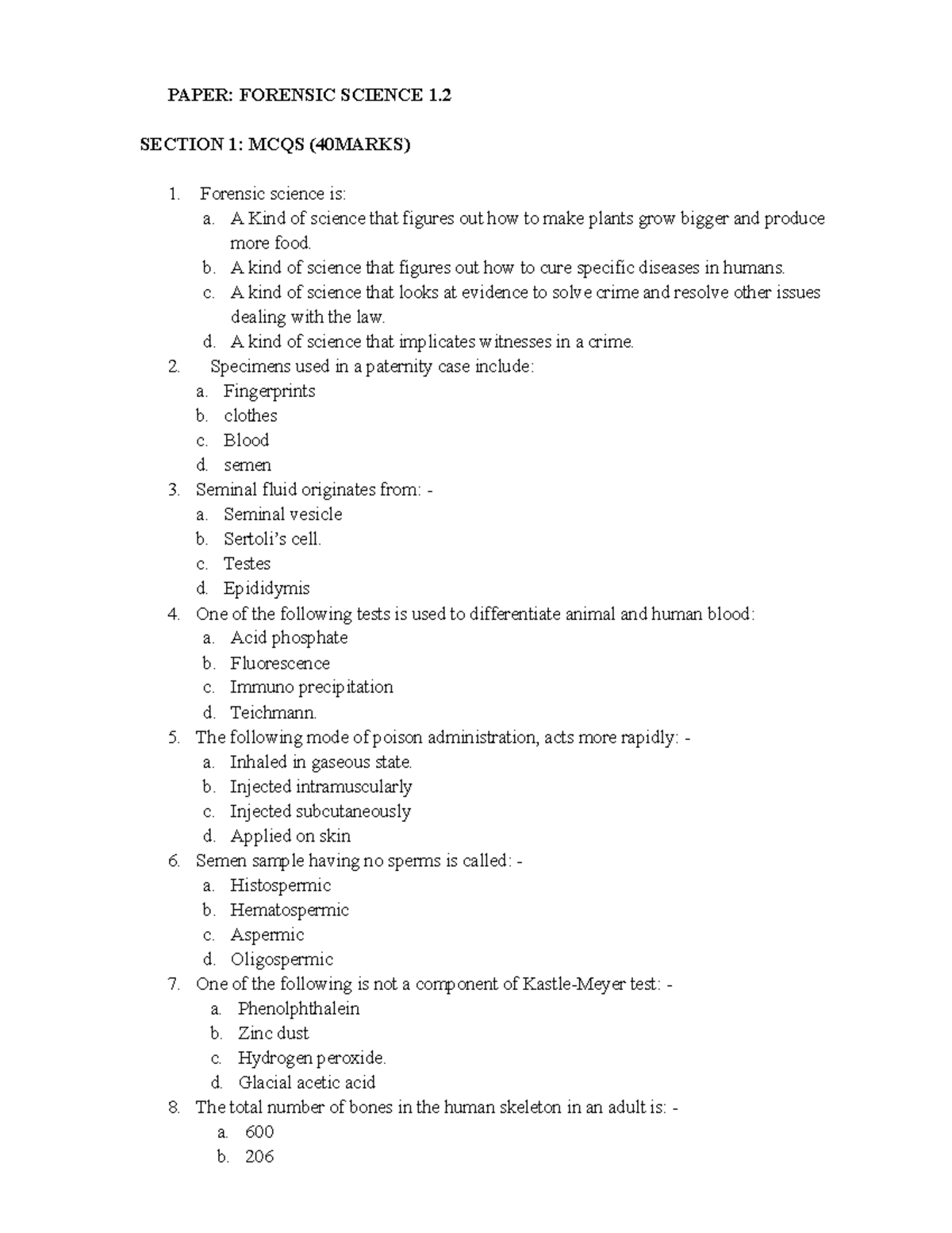 1.2 Forensic Exam 1 - Revision - PAPER: FORENSIC SCIENCE 1. SECTION 1 ...