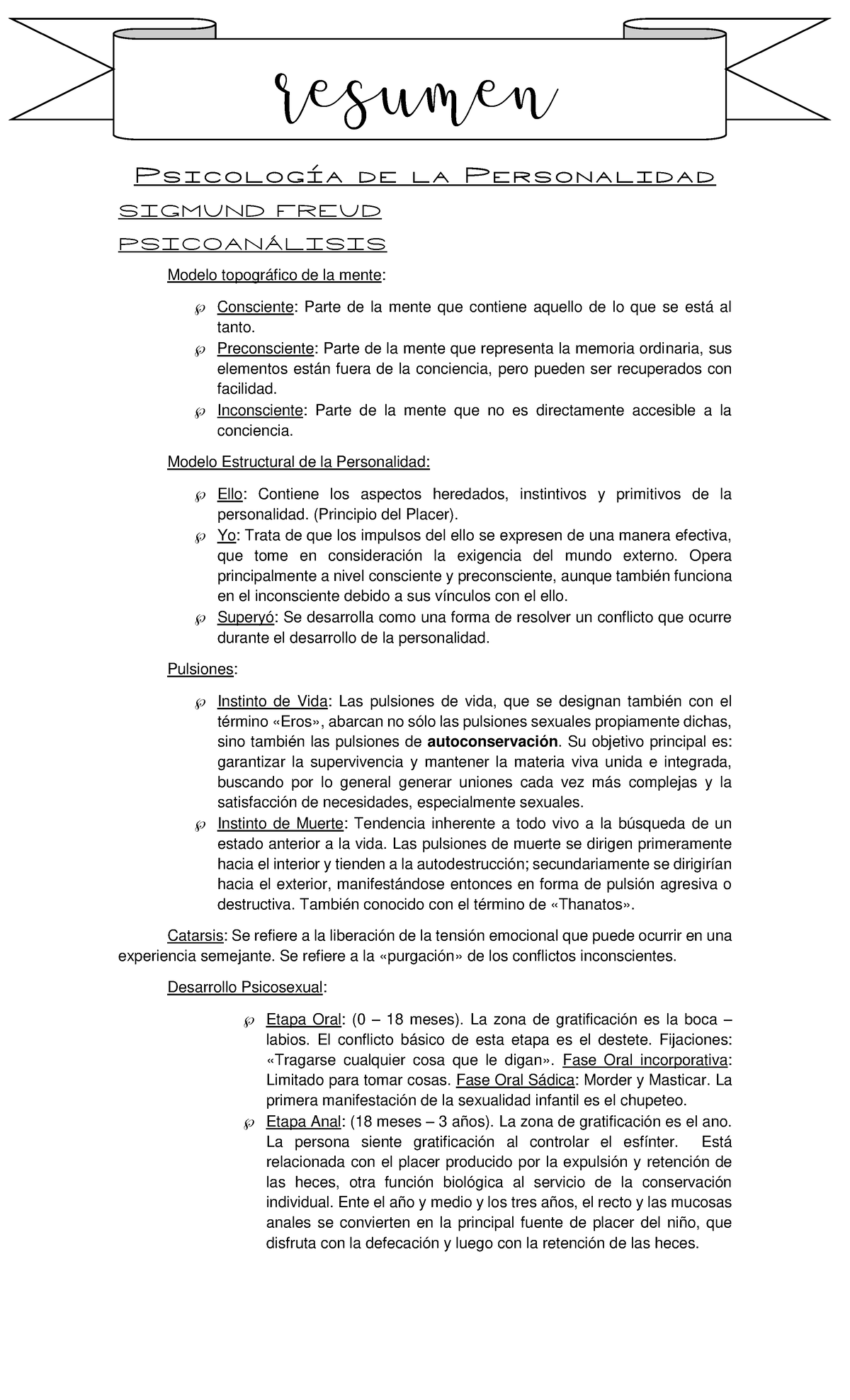 Psicología de la Personalidad. Resumencito. Final - Resumen de la  Personalidad SIGMUND FREUD Modelo - Studocu