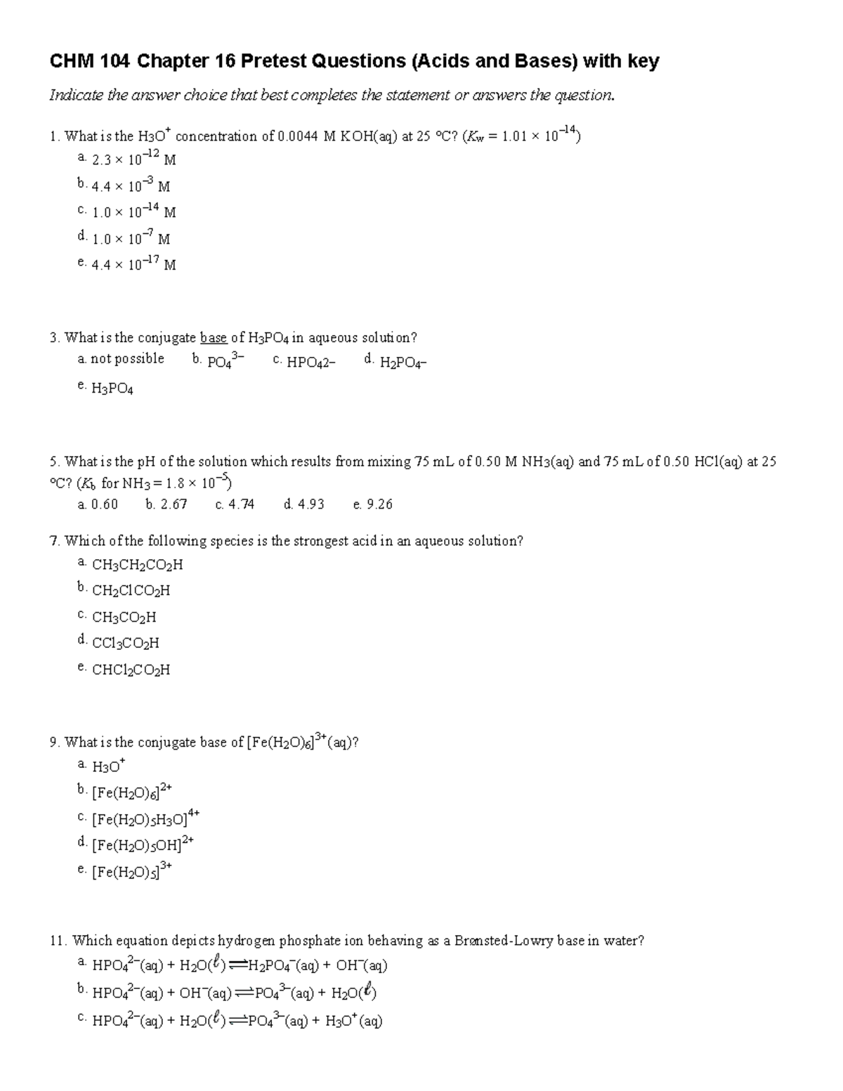 Chapter 16 Pretset Acids and Bases Odds Kz with key - CHM 104 Chapter ...