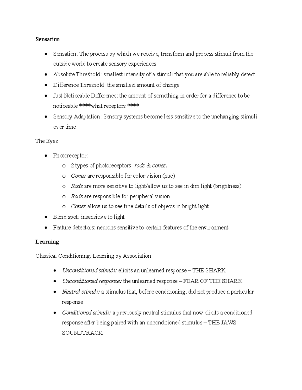 PSYC 1301 - 3 - Sensation, Learning - Sensation Sensation: The process ...
