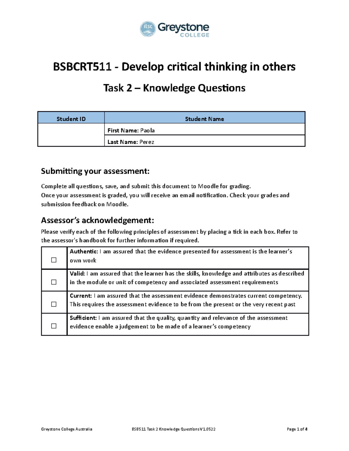 Bsbcrt 511 Task 2 Knowledge Questions Paola Perez F - BSBCRT511 ...