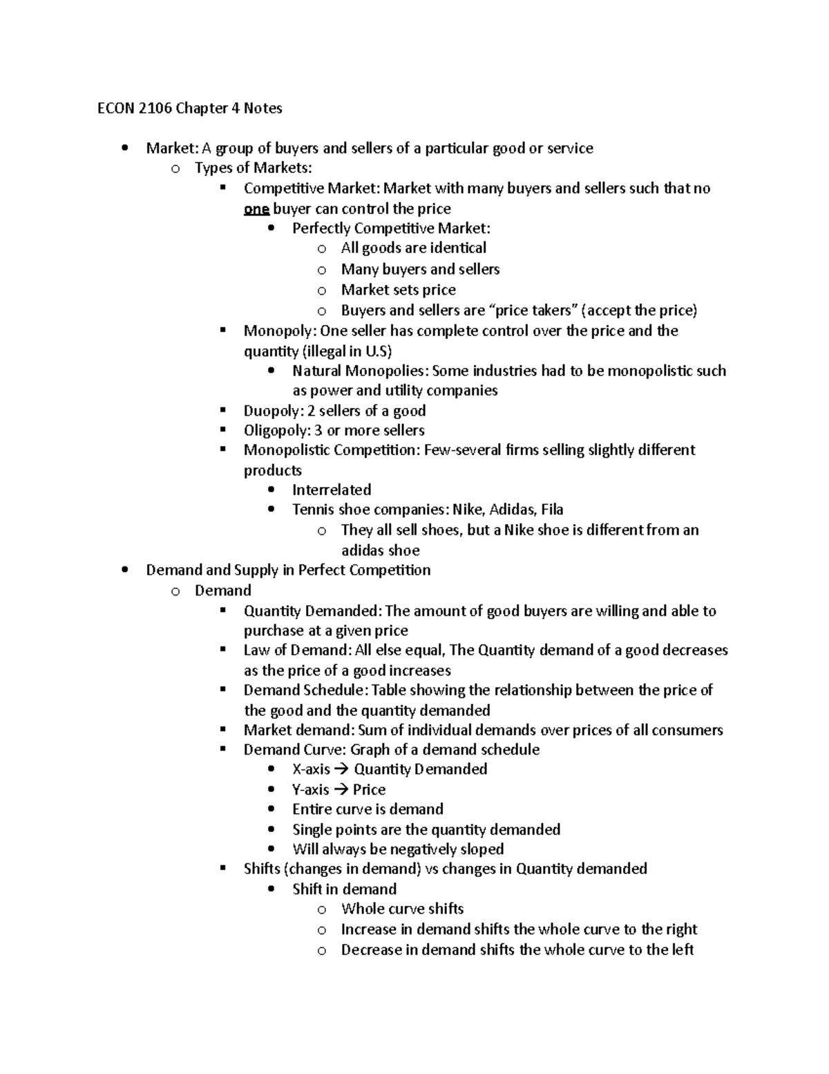 ECON 2106 Chapter 4 Notes - ECON 2106 Chapter 4 Notes Market: A group ...