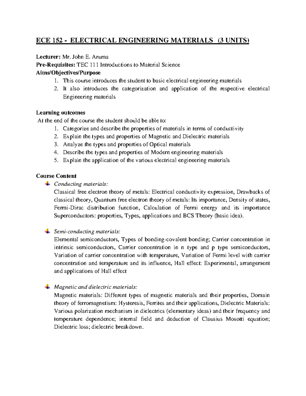 ECE 152 Syllabi - NOTES - ECE 152 - ELECTRICAL ENGINEERING MATERIALS (3 ...
