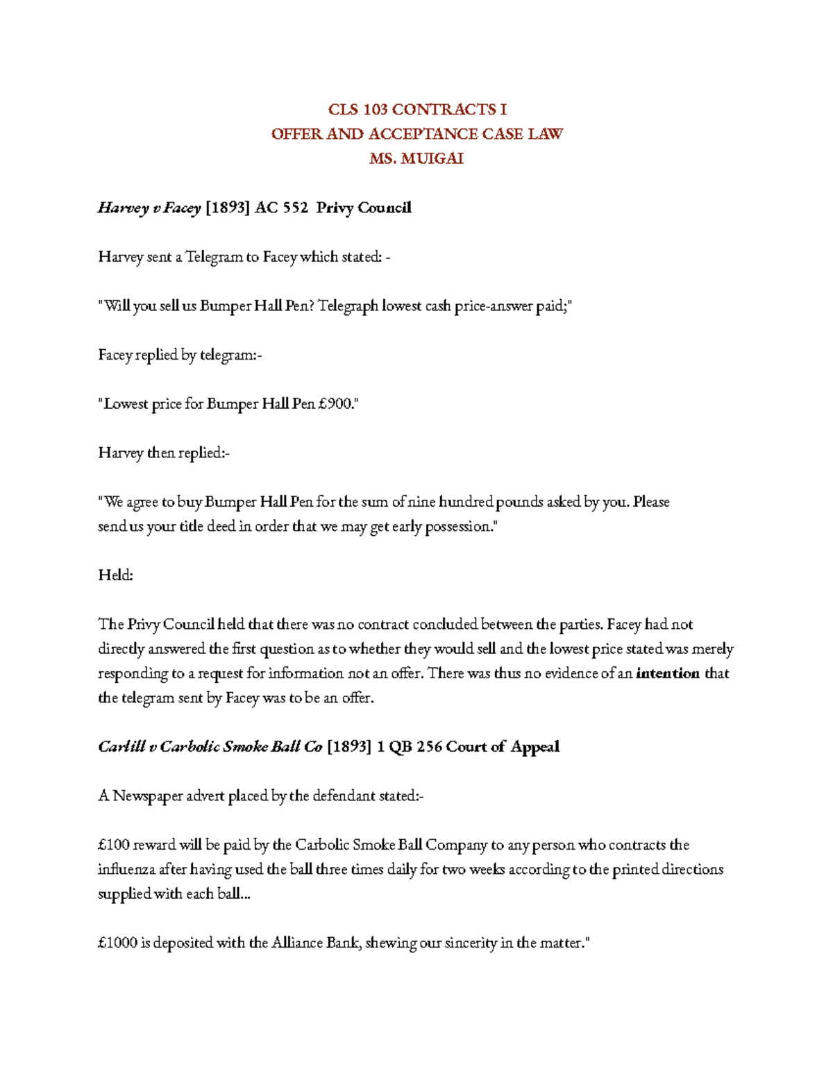 Offer AND Acceptance CASE LAW CLS 103 CONTRACTS I OFFER AND