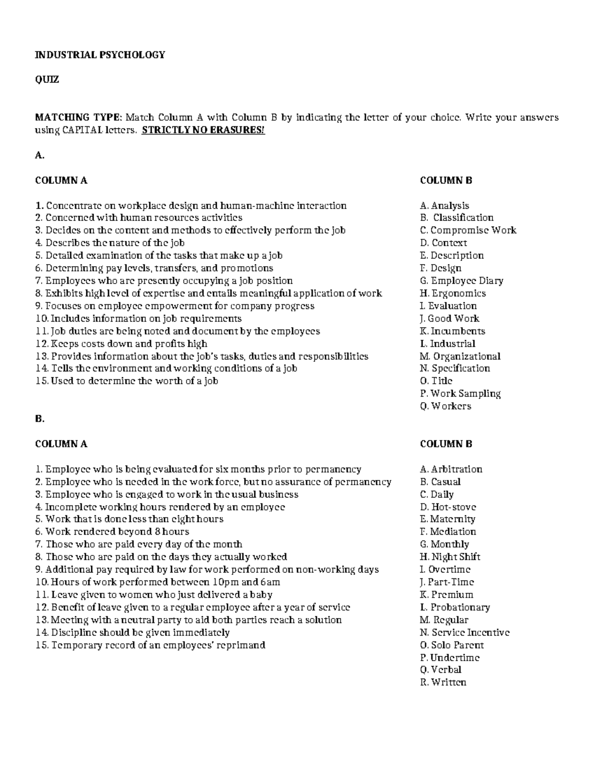 Industrial Psychology Matching TYPE QUIZ - INDUSTRIAL PSYCHOLOGY QUIZ ...