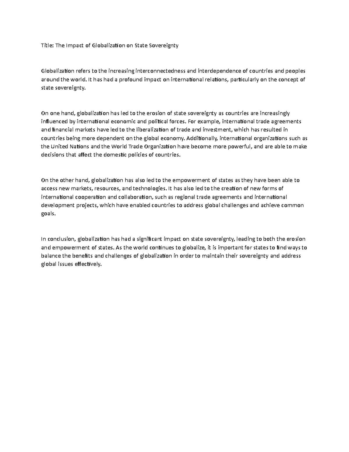 The Impact of Globalization on State Sovereignty - Title: The Impact of ...