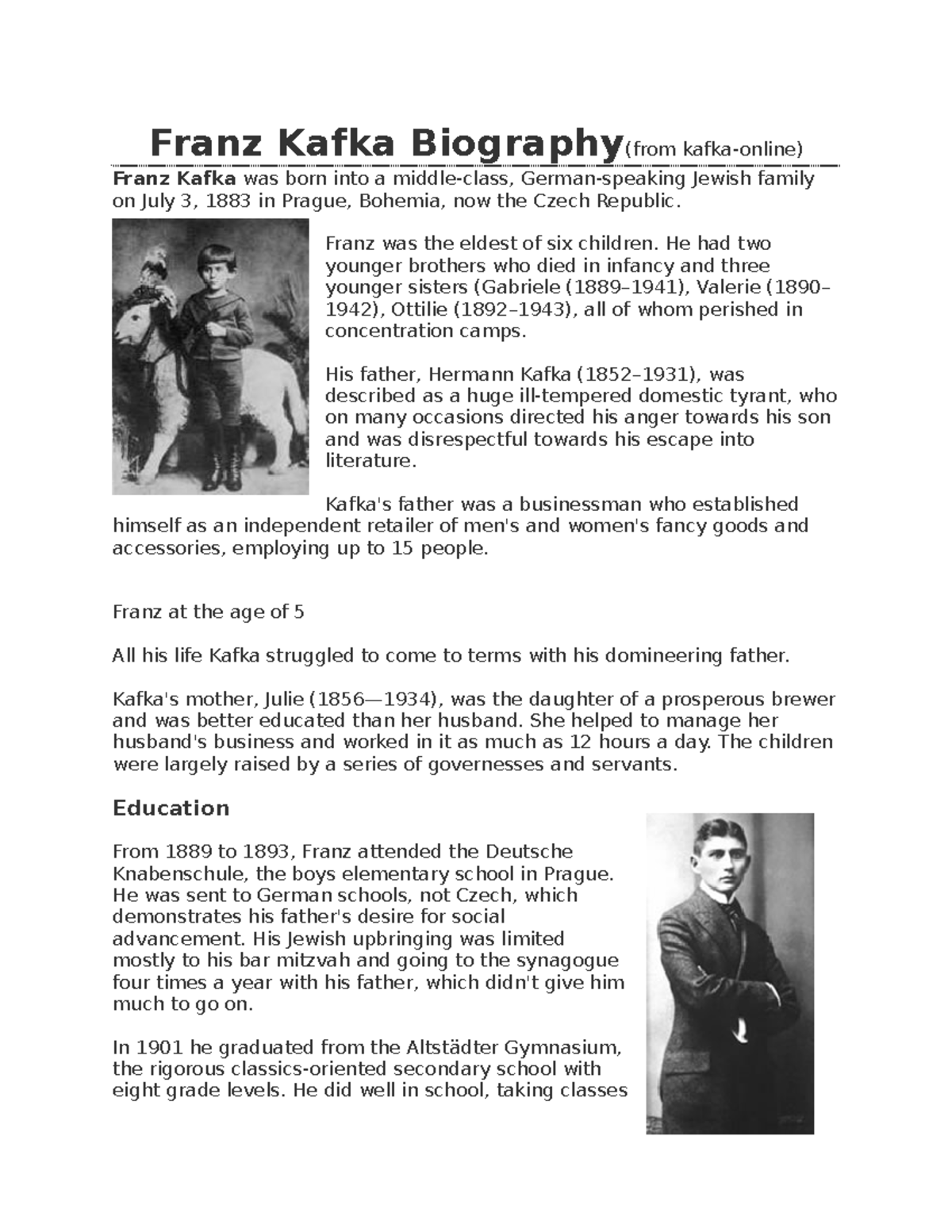 Biography of Franz Kafka, Czech Novelist