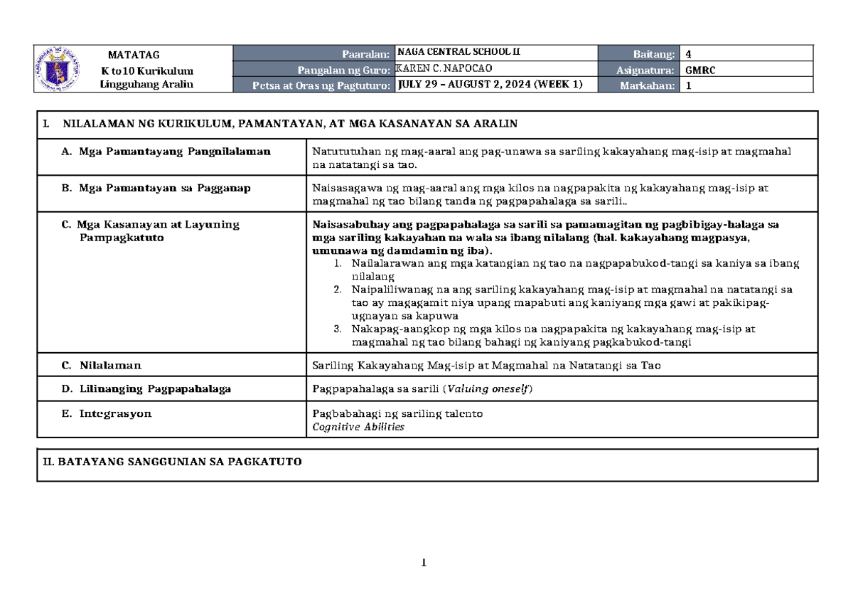 DLL Matatag GMRC 4 Q1 W1 - LESSON PLAN - MATATAG K To10 Kurikulum ...