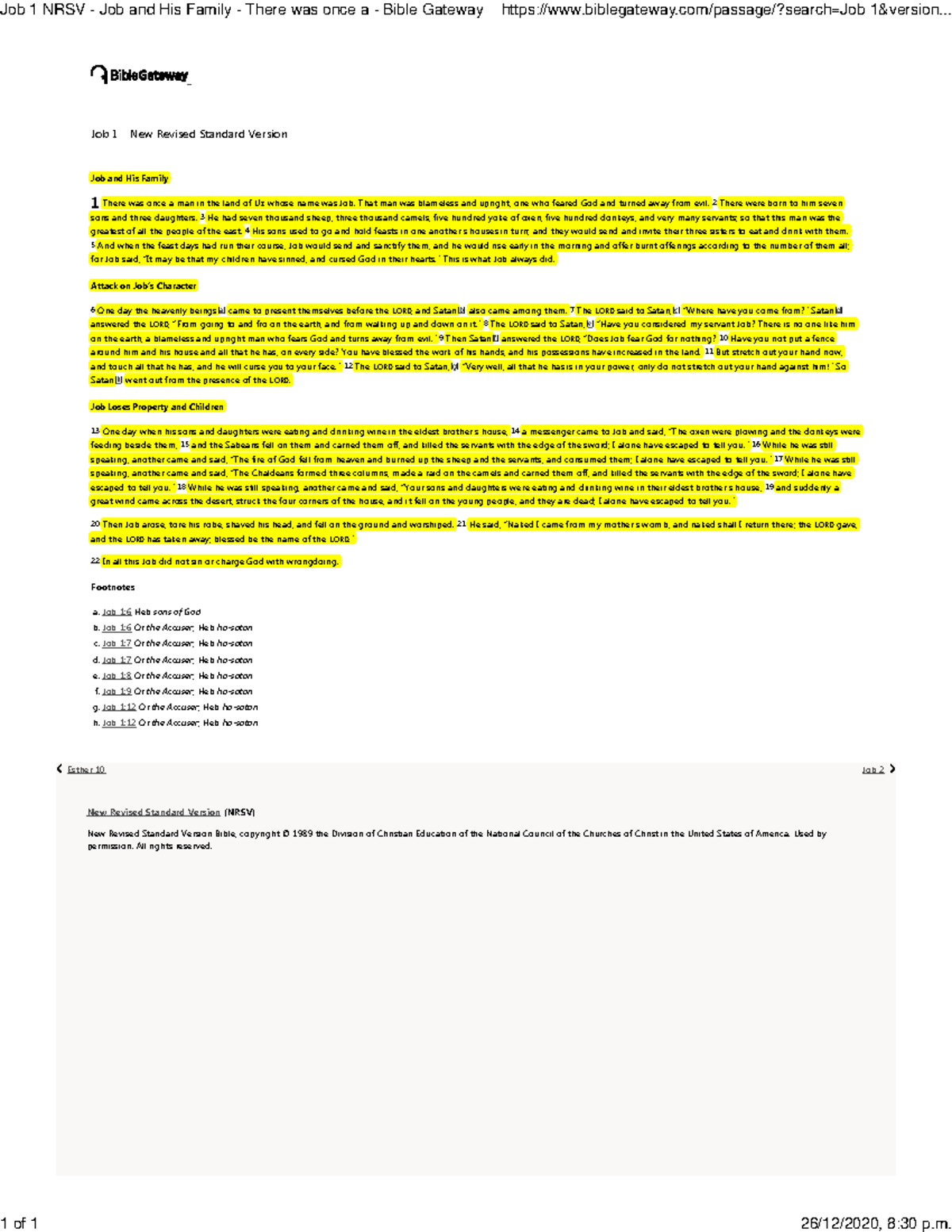 Job 1-2 NRSV lecture reading notes - Job and His Family There was once ...