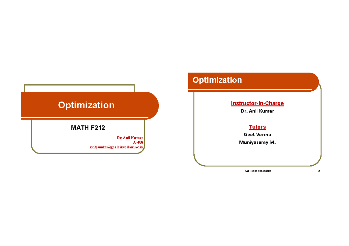Introduction n Graphical Method - Optimization MATH F Dr. Anil Kumar A ...