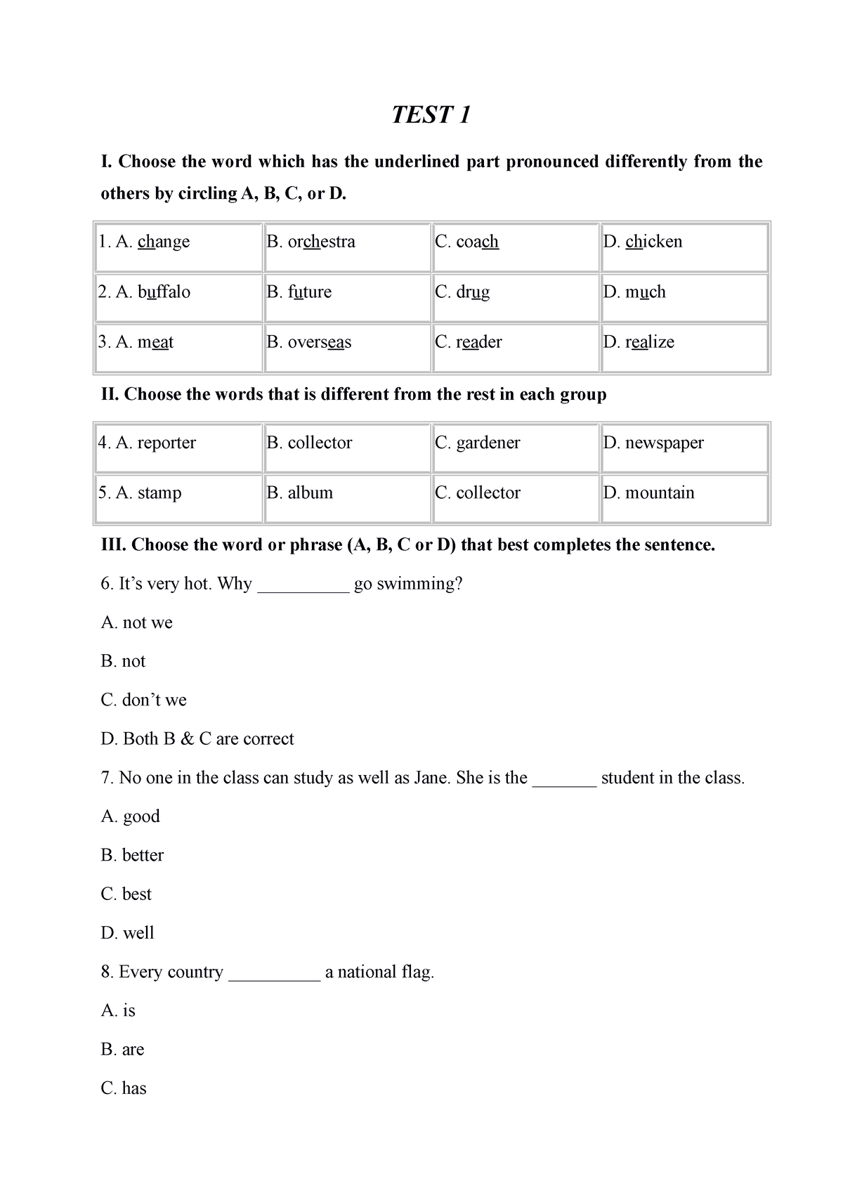 De on thi vao lop 6 mon tieng anh so 2 - TEST 1 I. Choose the word ...