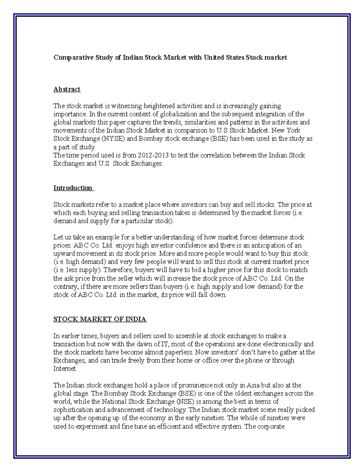 Comparative Study of Indian Stock Market - In the current context of ...