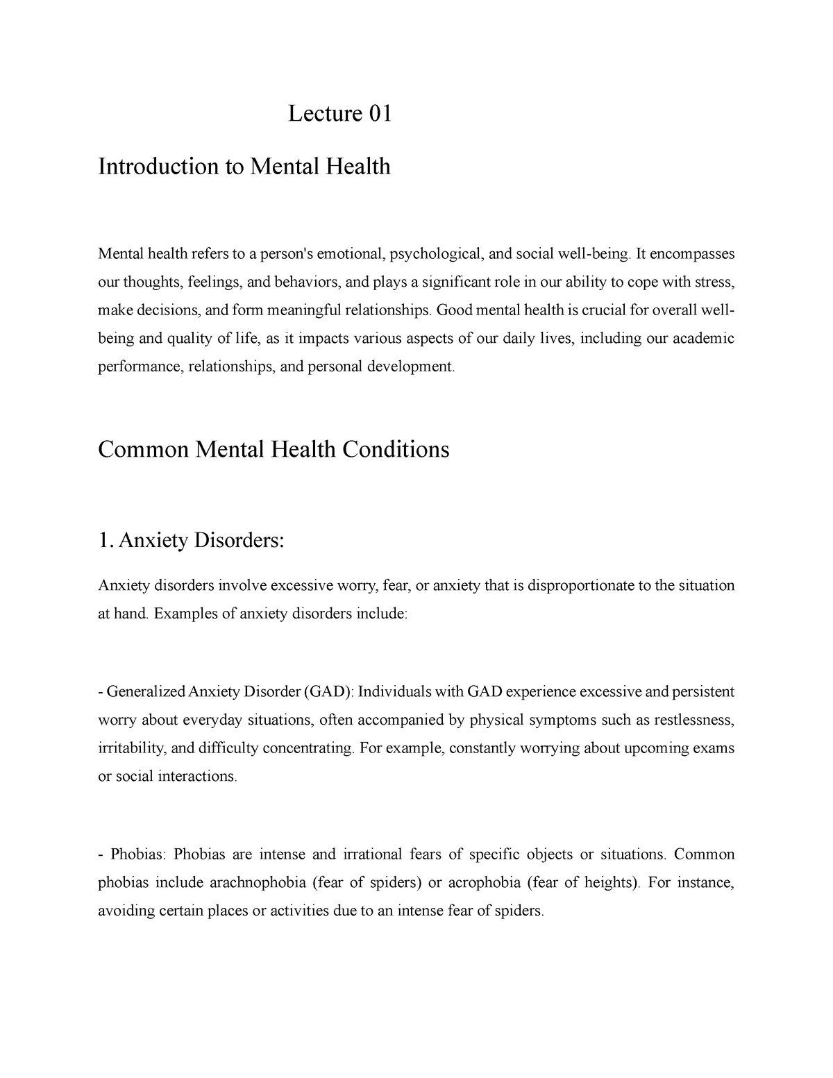 Lecture 01 - Lecture 01 Introduction To Mental Health Mental Health 