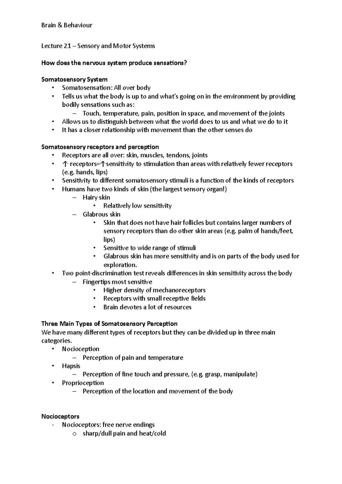 Lecture 21 – Sensory and Motor Systems - Lecture 21 – Sensory and Motor ...
