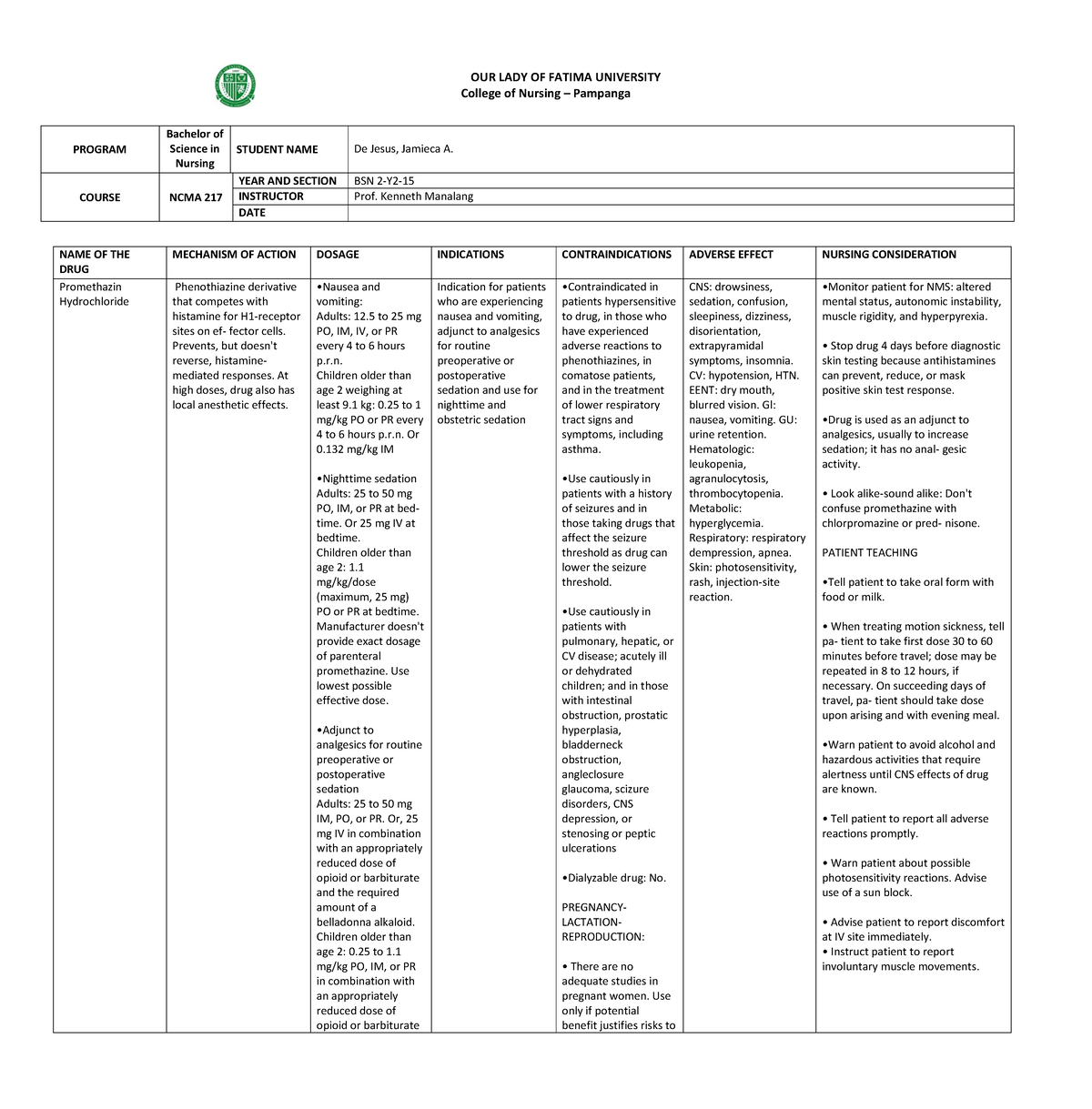 Promethazine - DRUG Study (MCH) - OUR LADY OF FATIMA UNIVERSITY College ...