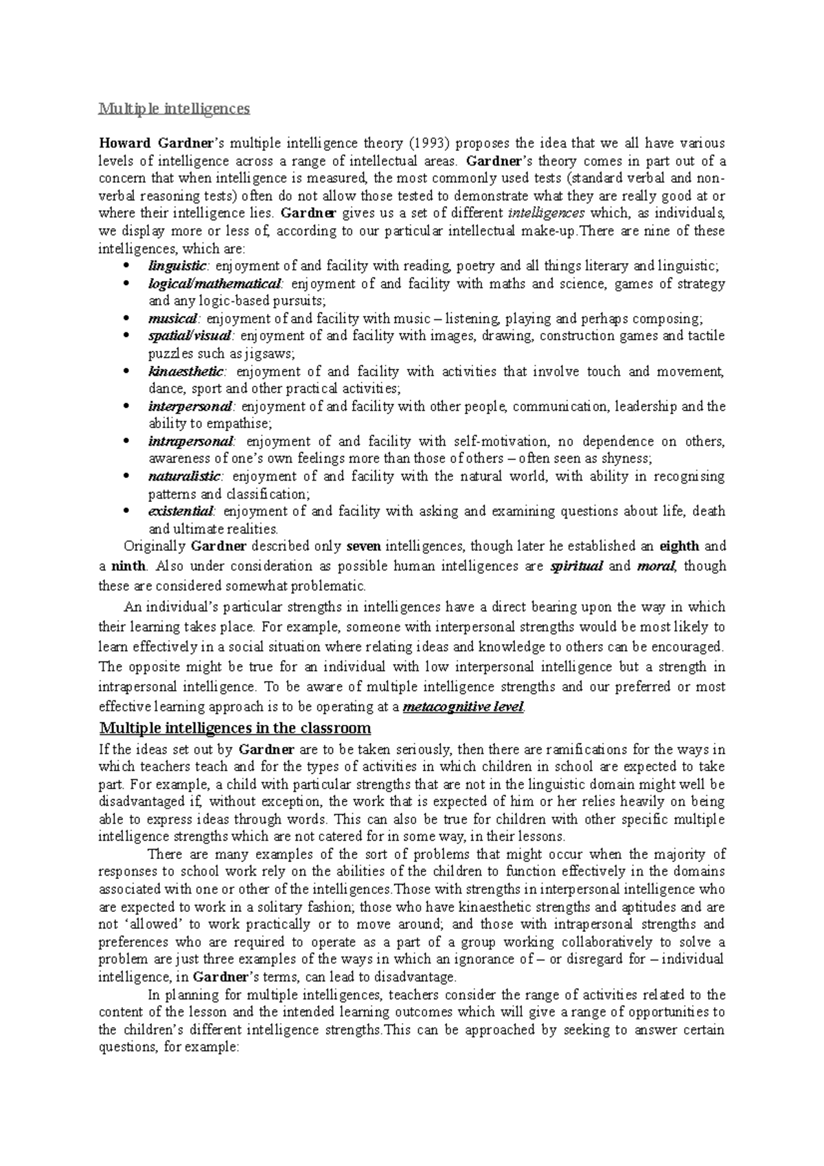 Multiple intelligences December 10 - Multiple intelligences Howard ...