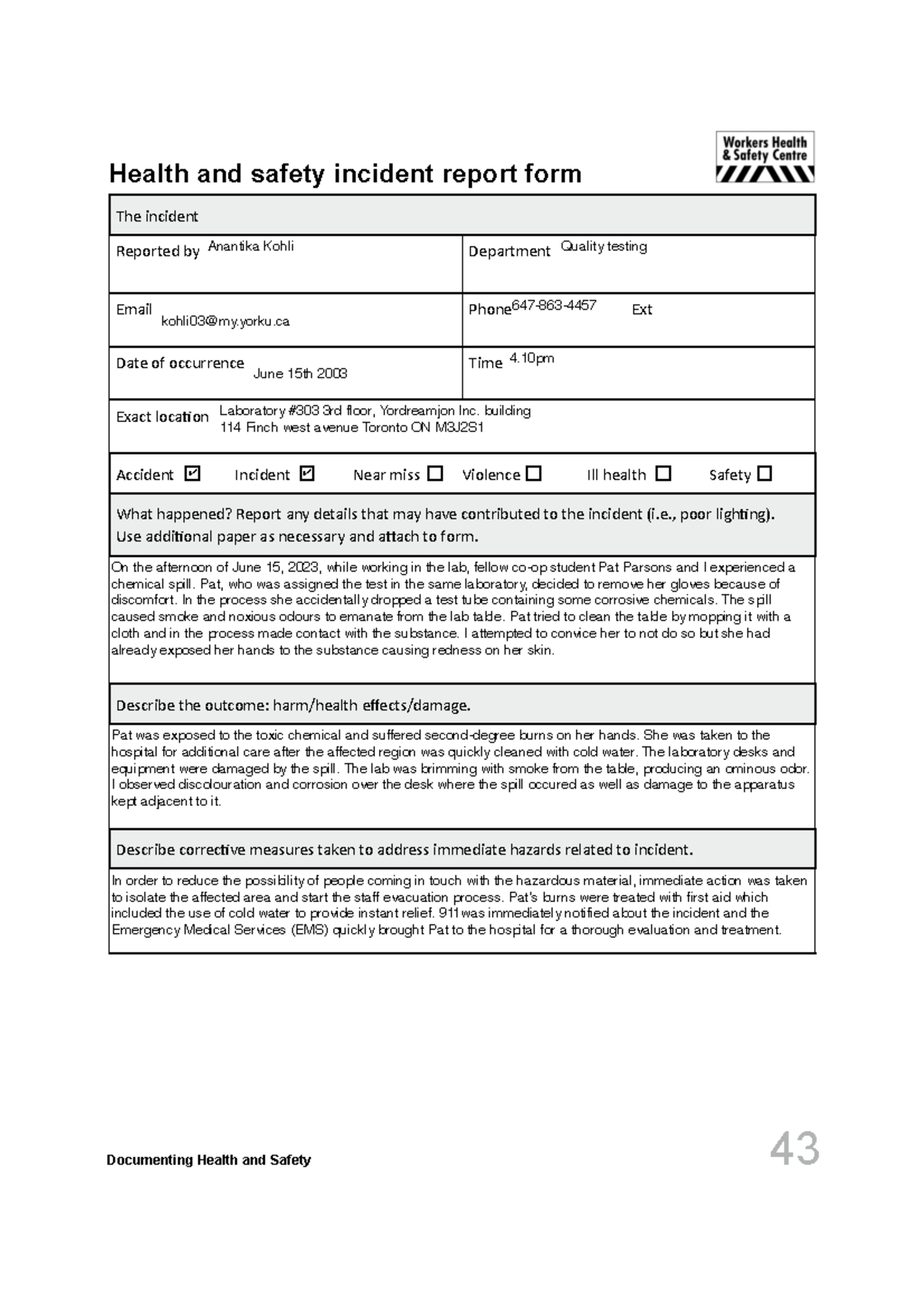 H S Incident report form P - Documenting Health and Safety 43 Health ...