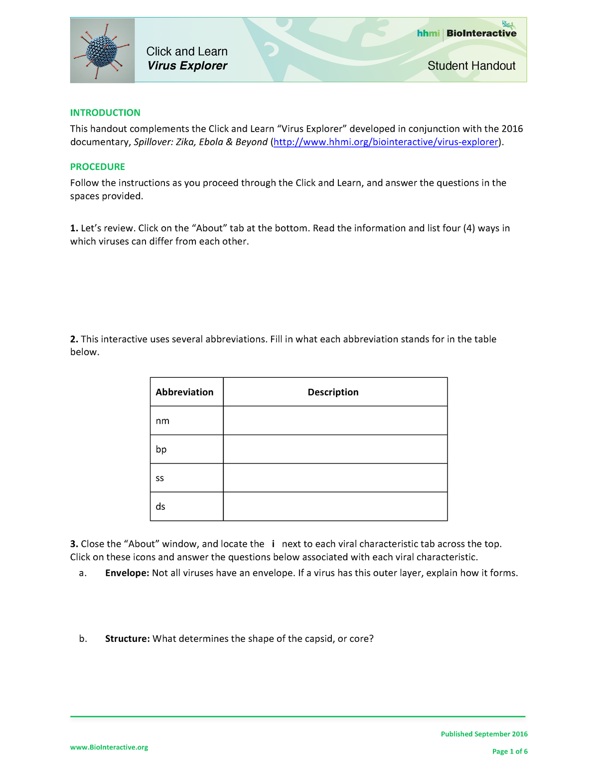 Virus Bio Interactive Student - BioInteractive Published September 2016 ...
