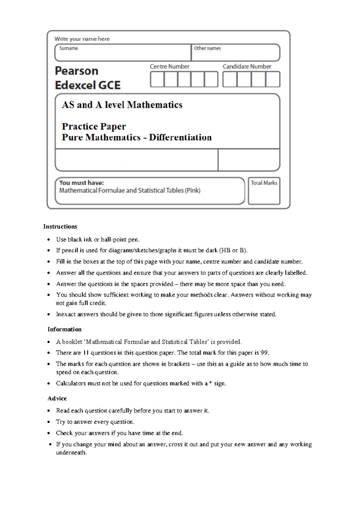 AS Mathematics Practice Paper Differentiation (part 1) - Instructions ...