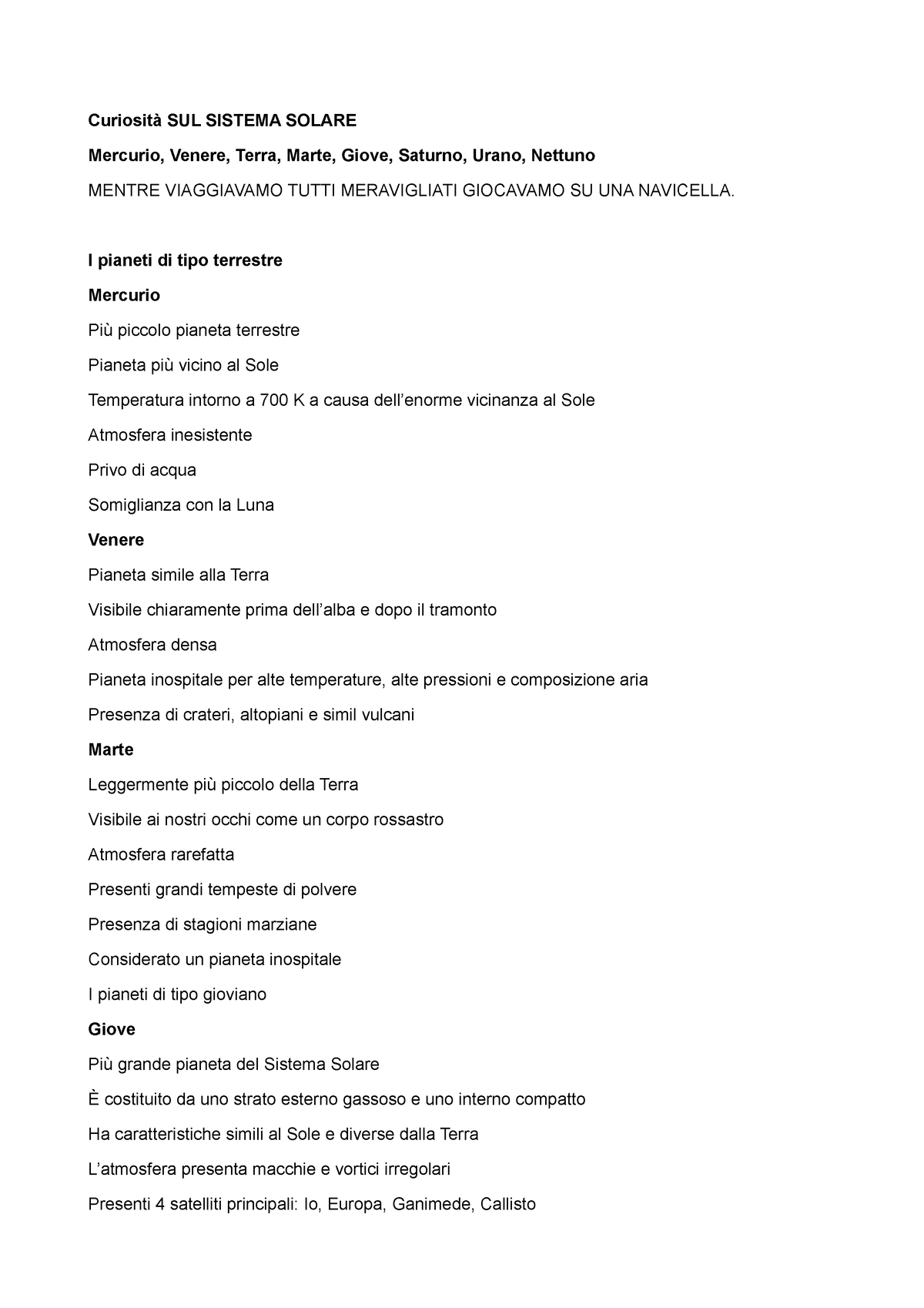 Curiosità Sistema Solare - Curiosità SUL SISTEMA SOLARE Mercurio, Venere,  Terra, Marte, Giove, - Studocu