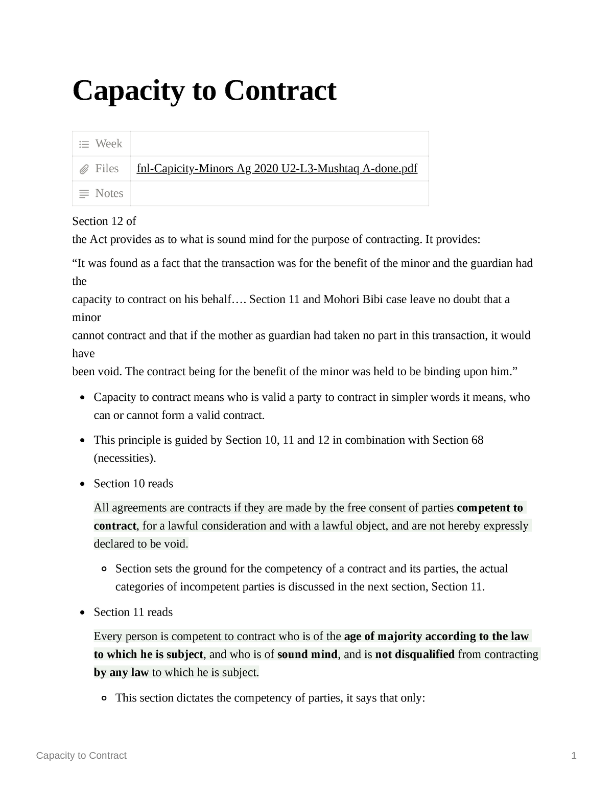 assignment on capacity to contract