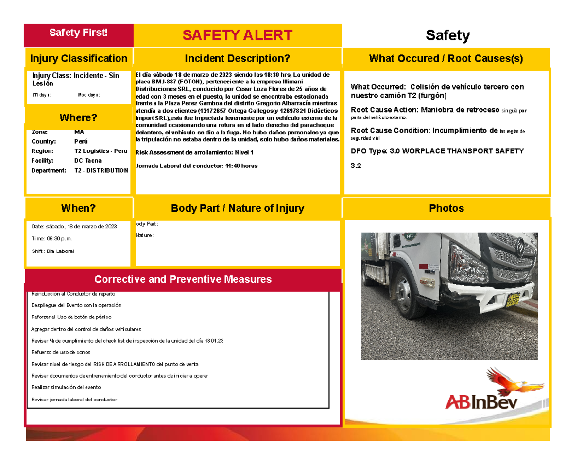 Safety Alert - CD Tacna 18.03.2023 - Injury Class: Incidente - Sin ...