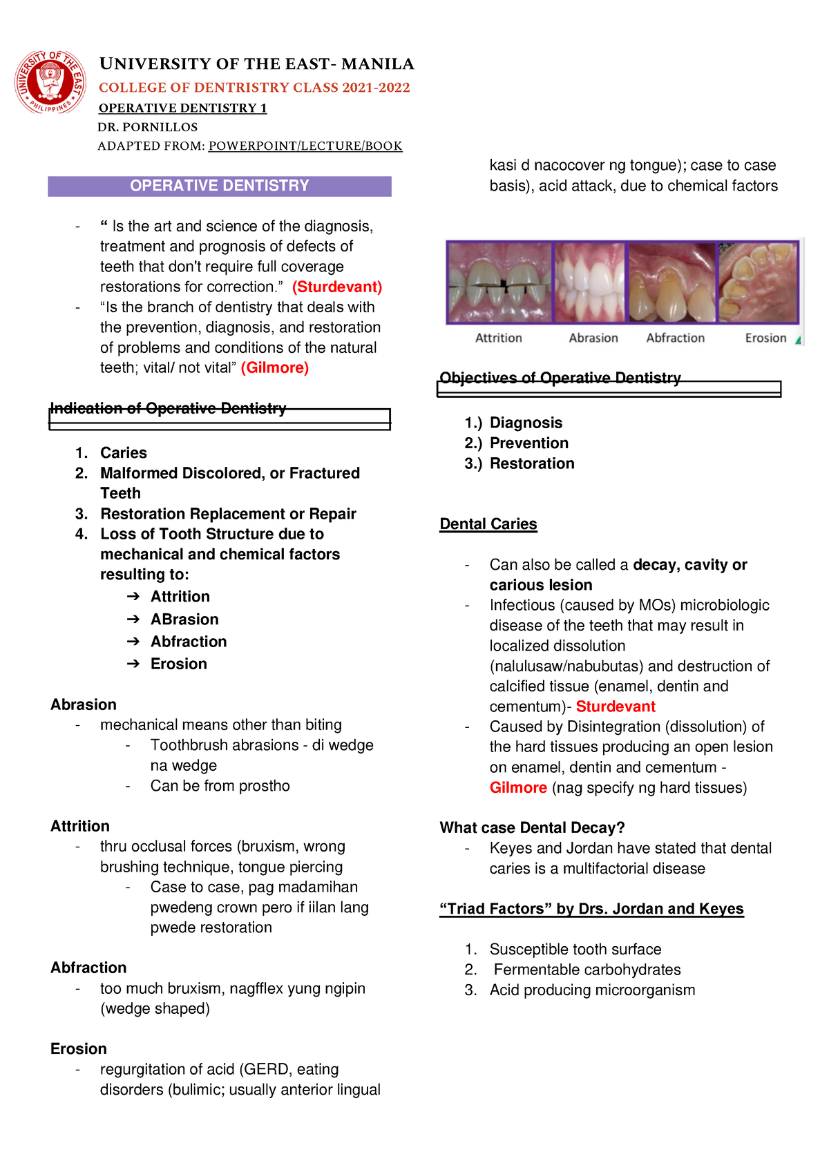 Operative Dentistry - Prelim notes - COLLEGE OF DENTRISTRY CLASS 2021 ...