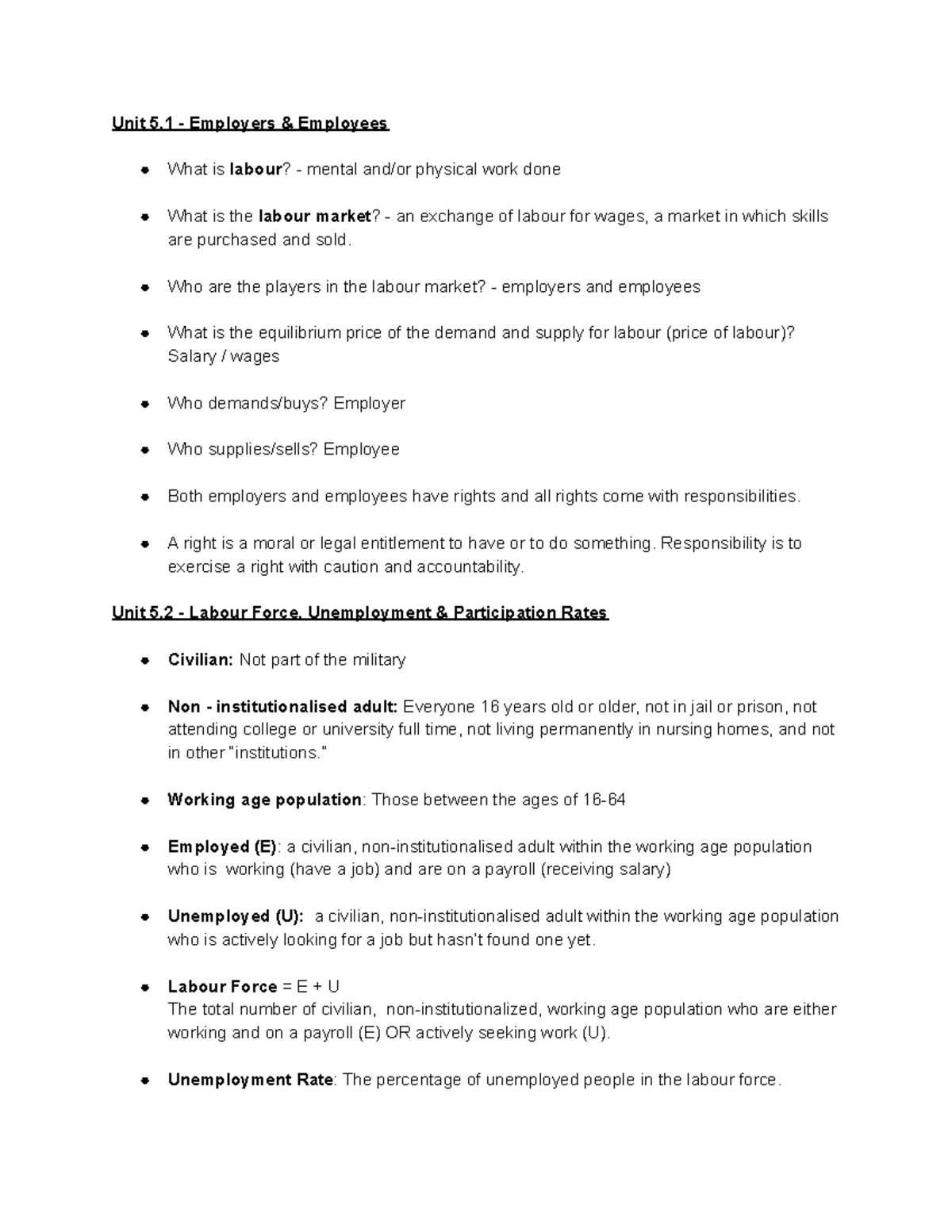 Econs Chapter 5 Notes - Unit 5 - Employers & Employees What is labour ...