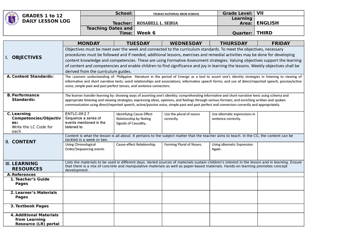 DLL 3rd Qrtr week 6 - Daily Lesson Logs for Grade 7 - GRADES 1 to 12 ...