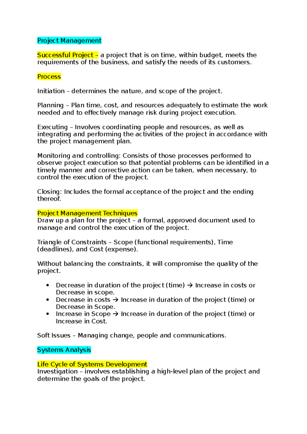 Exam Notes - Project Management Successful Project – a project that is ...