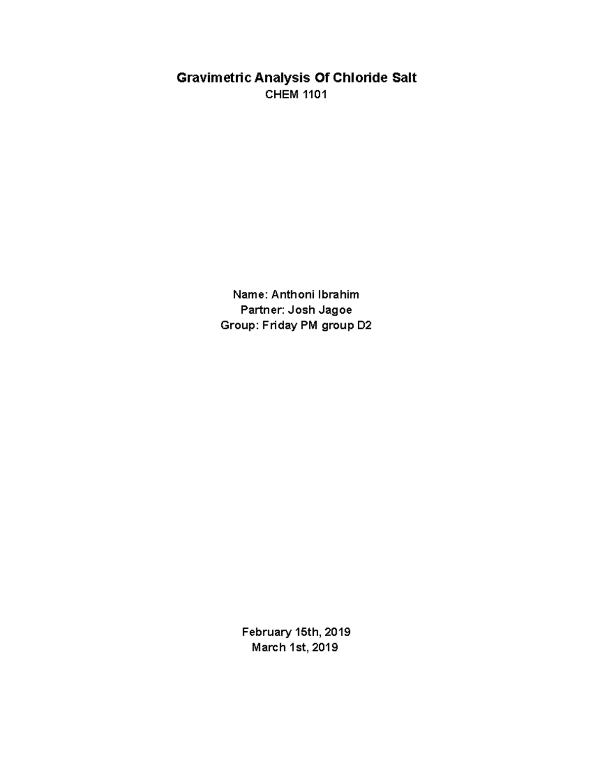 Gravimetric Anaylsis Lab Report - Gravimetric Analysis Of Chloride Salt ...