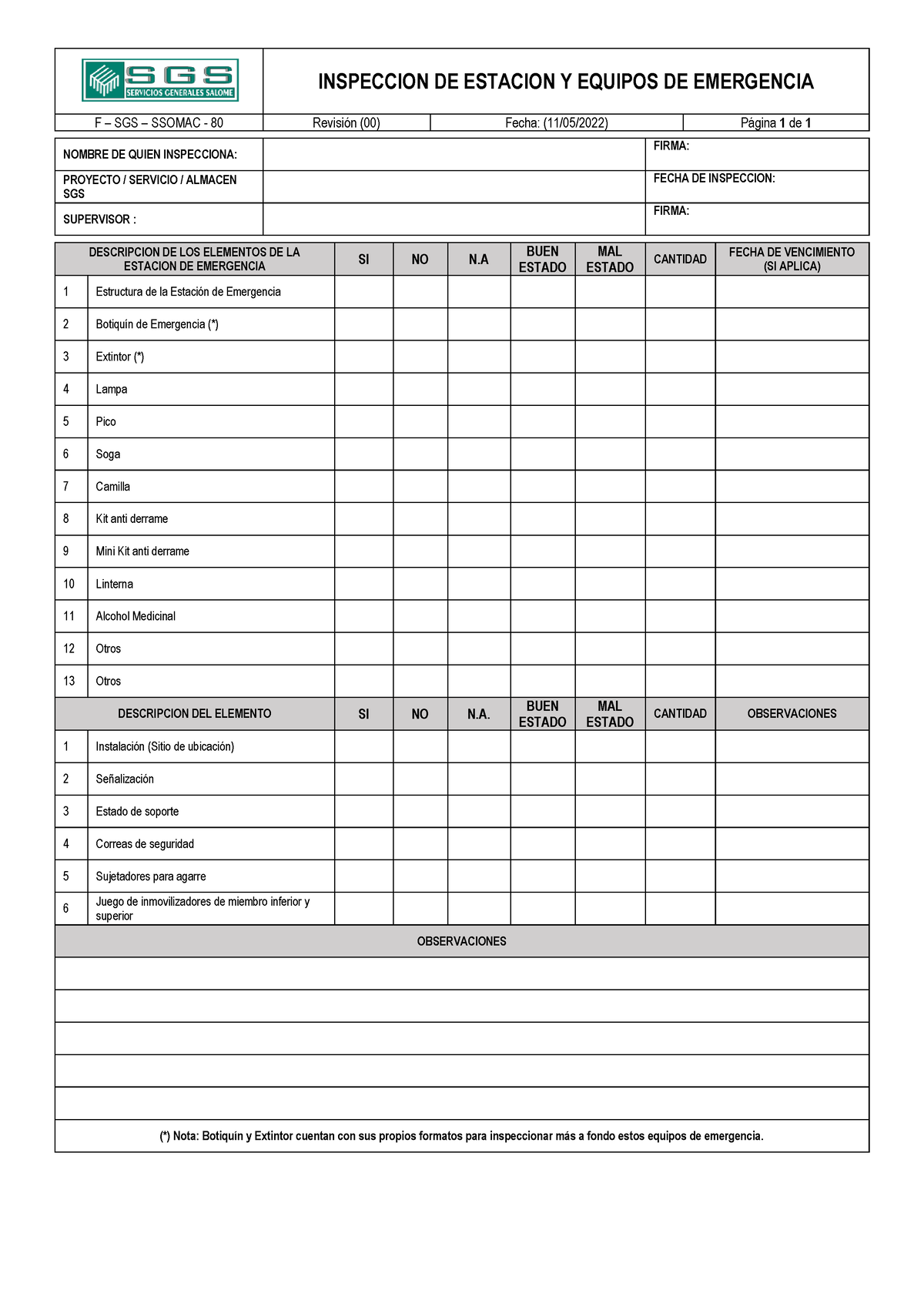 Formato DE Inspecciones DE Equipos DE Emegencia - INSPECCION DE ...