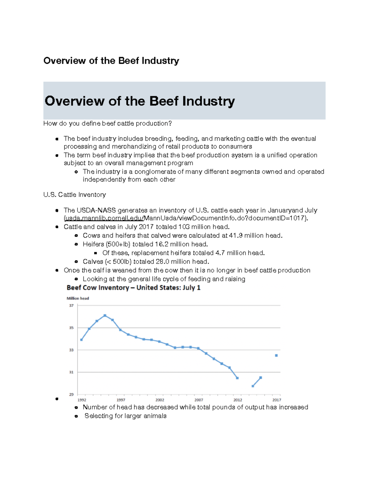 Lecture Notes Overview of the Beef Industry Overview of the Beef