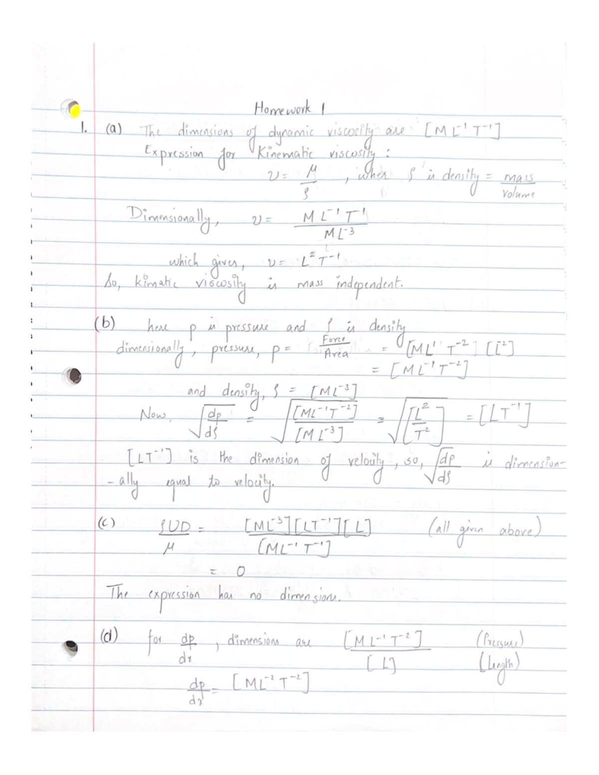 HW 1 - MMAE 313: Fluid Mechanics Professor Scott Dawson Homework ...