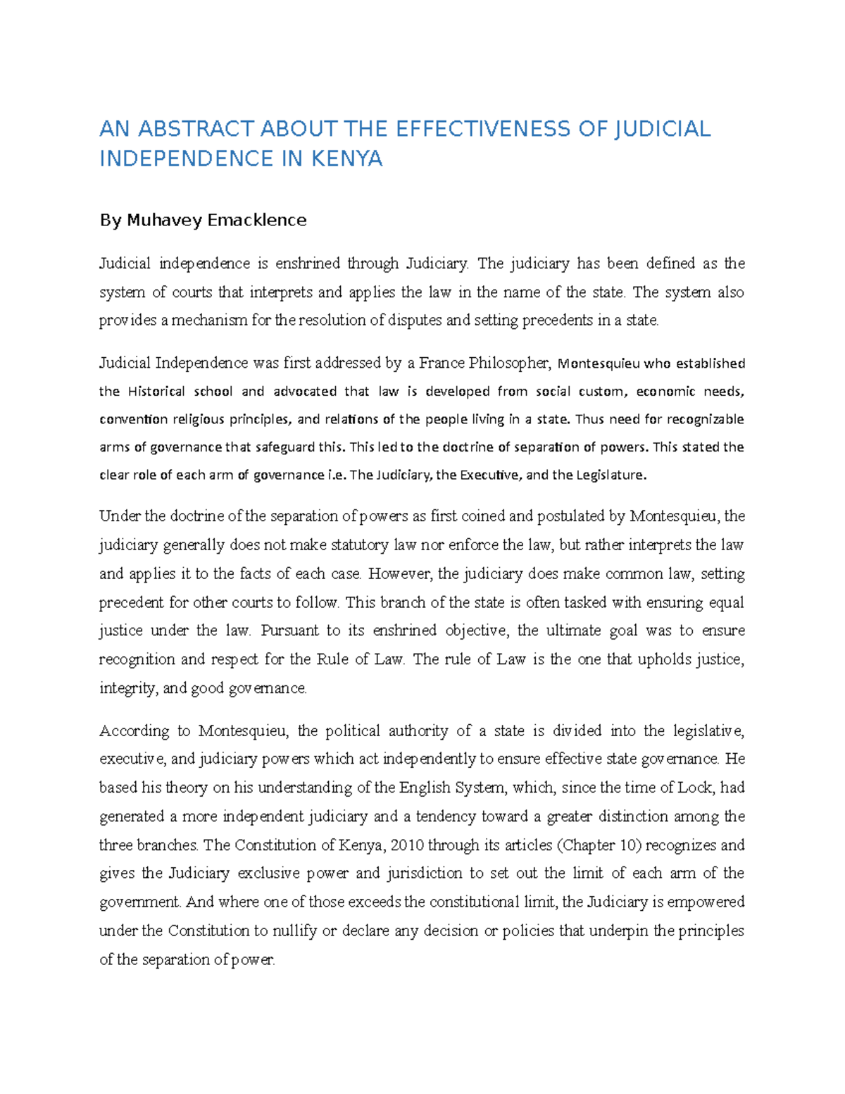 Effectiveness OF Judicial Independence by Muhavey Emacklence AN