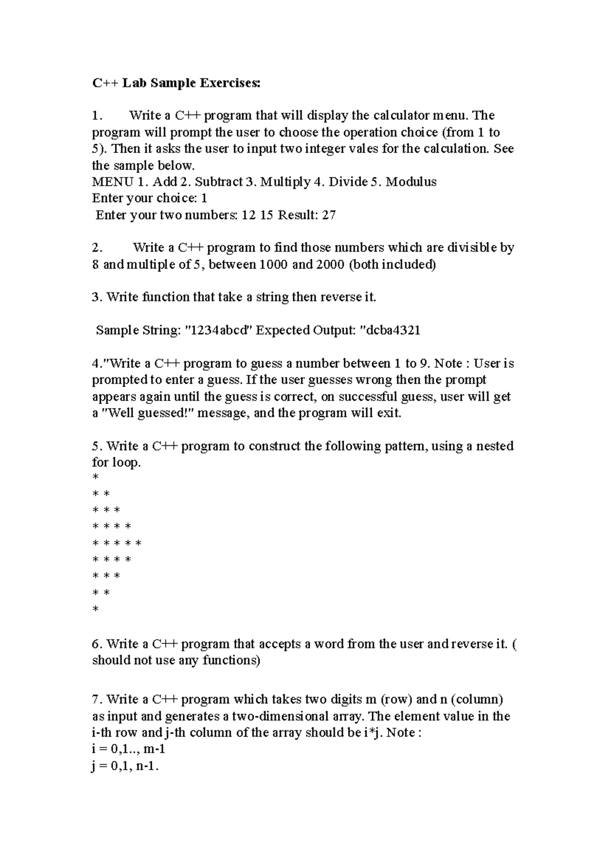 OODP Sample Programs - C++ Lab Sample Exercises: 1. Write a C++ program ...