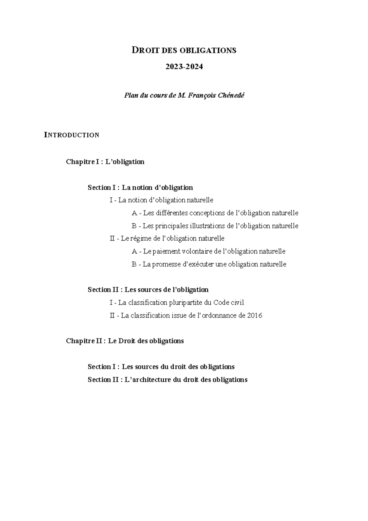 Droit des obligations - Plan de cours - F. Chénedé - 2023-2024 - DROIT ...