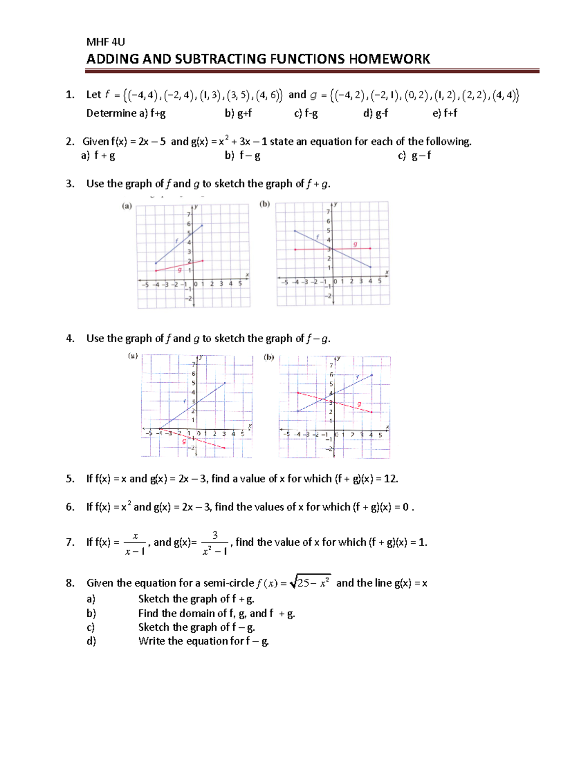 2b Adding and Subtracting Functions HW - MHF 4U ADDING AND SUBTRACTING ...