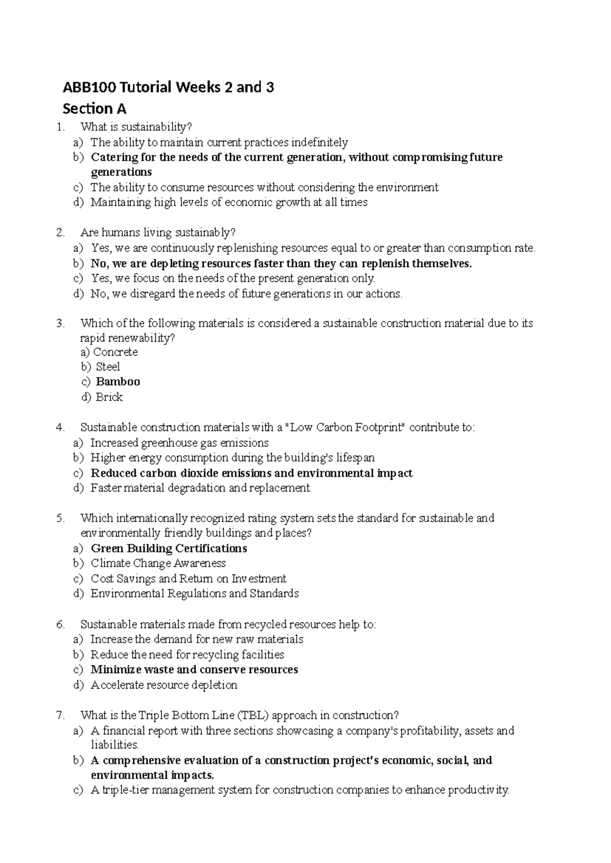 ABB100 Tutorial Week 2-3 - What is sustainability? a) The ability to ...