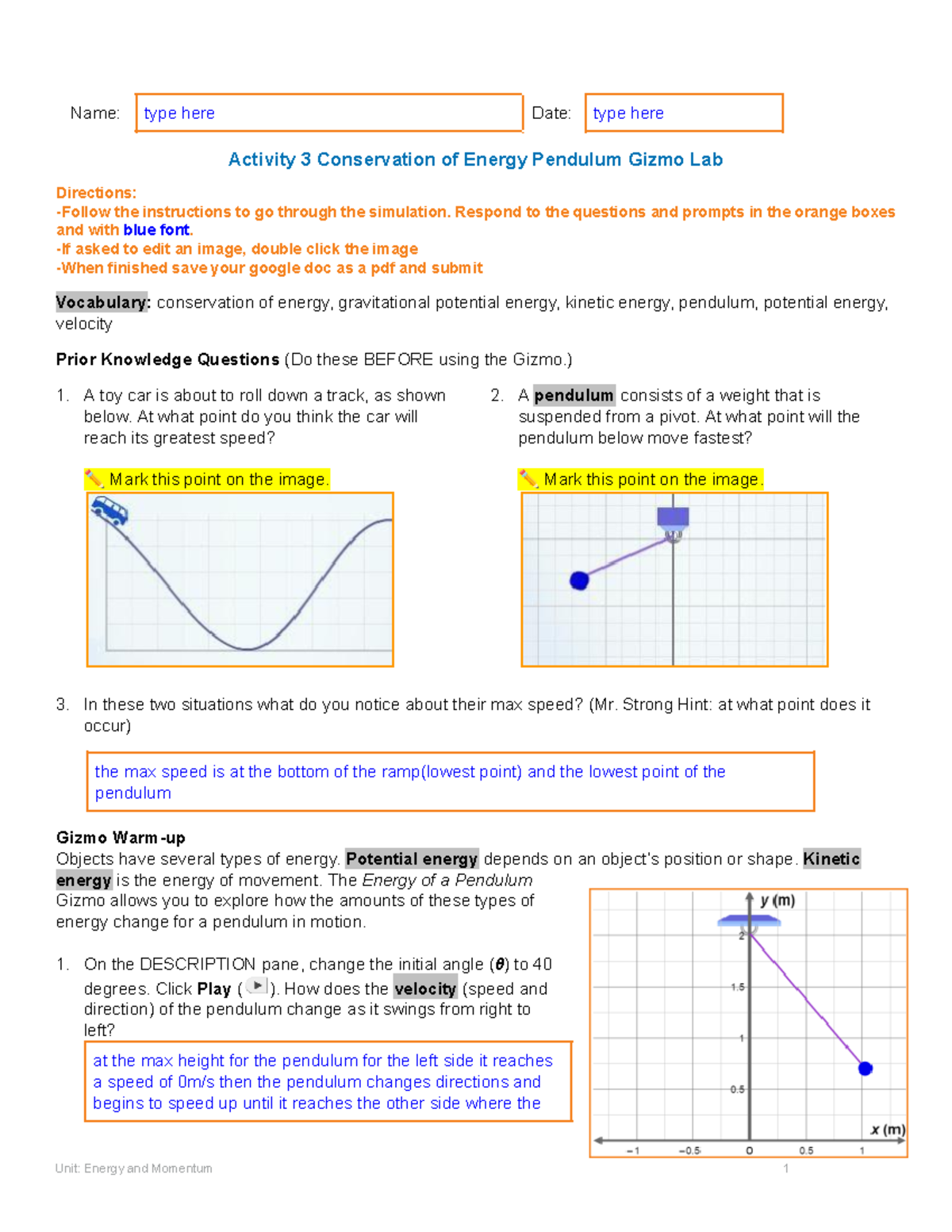 Copy of Activity 3 Conservation of Energy Pendulum Gizmo Lab Name