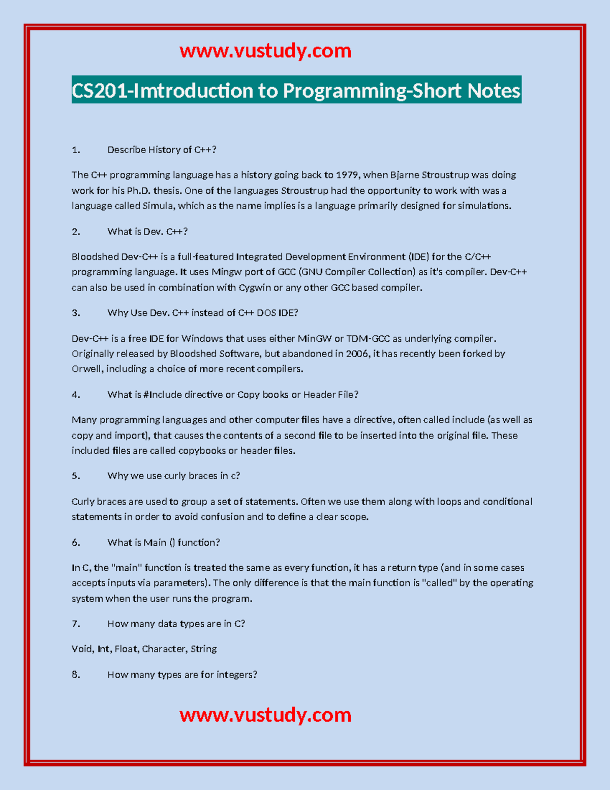 17 - sdd - CS201-Imtroduction to Programming-Short Notes 1. Describe ...