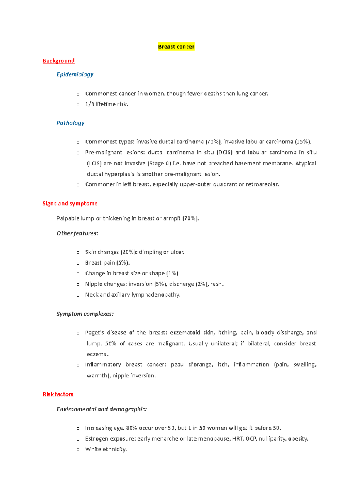 Breast cancer - Lecture notes 1 - Breast cancer Background Epidemiology ...