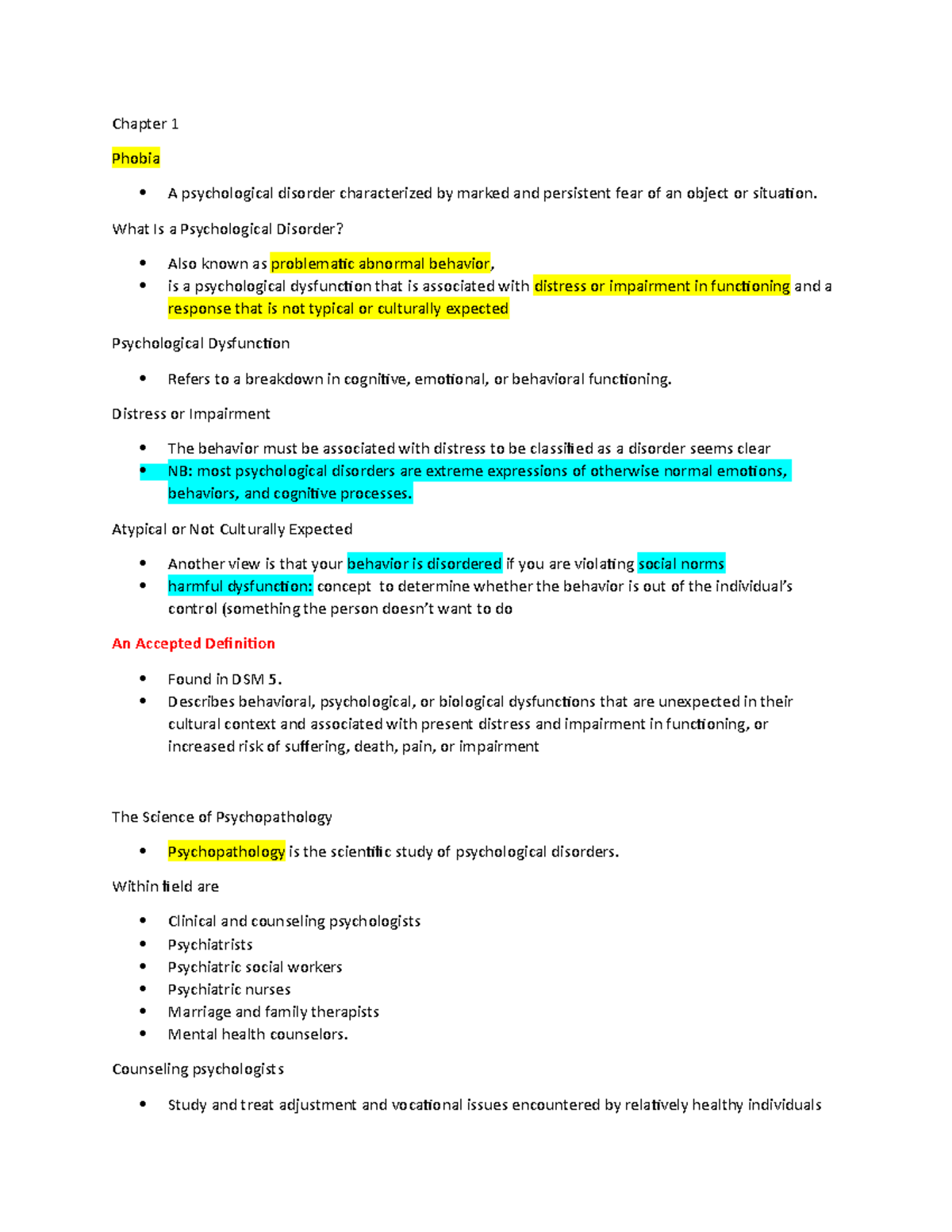 Abnormal Psychology - Psy notes - Chapter 1 Phobia A psychological ...