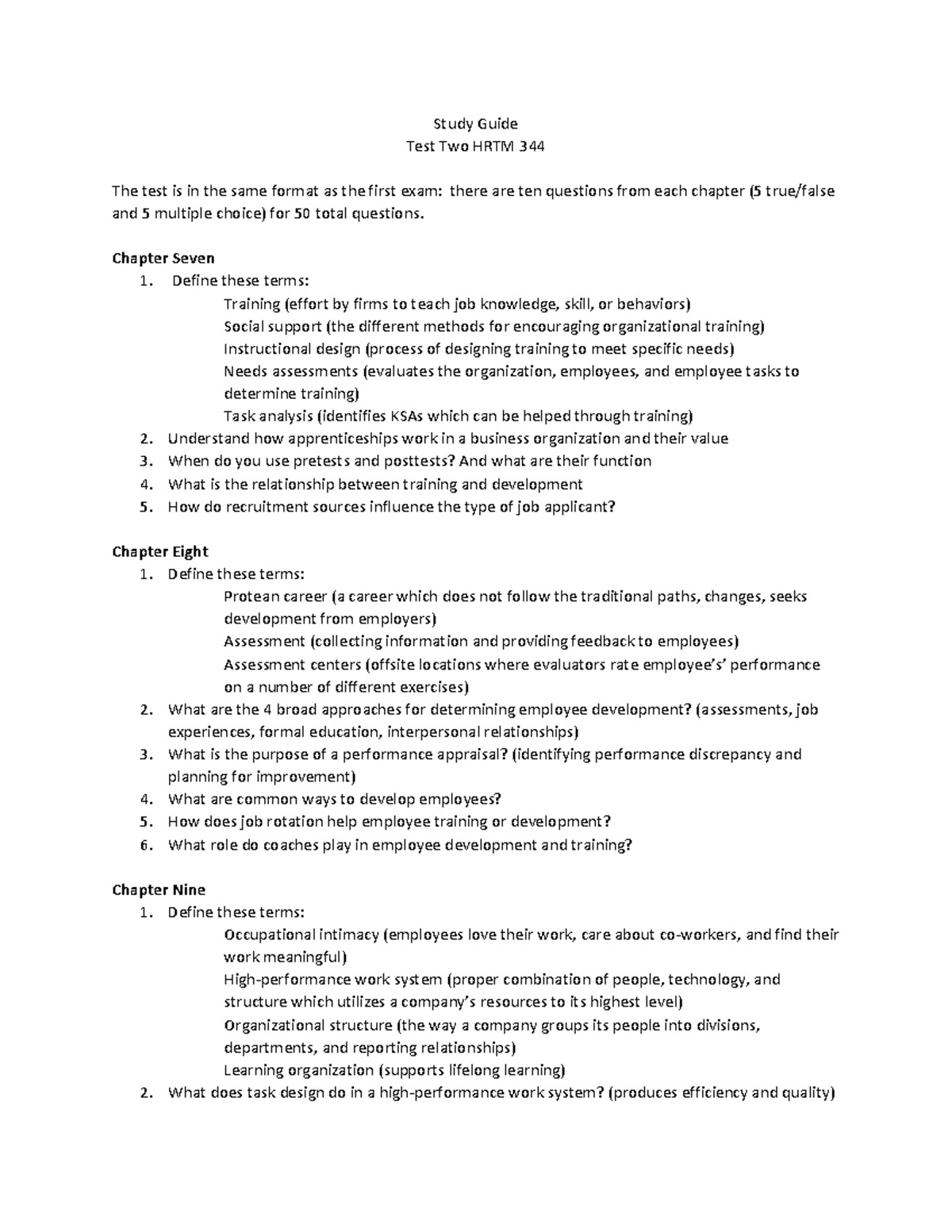 Study Guide Test Two - Study Guide Test Two HRTM 344 The test is in the ...