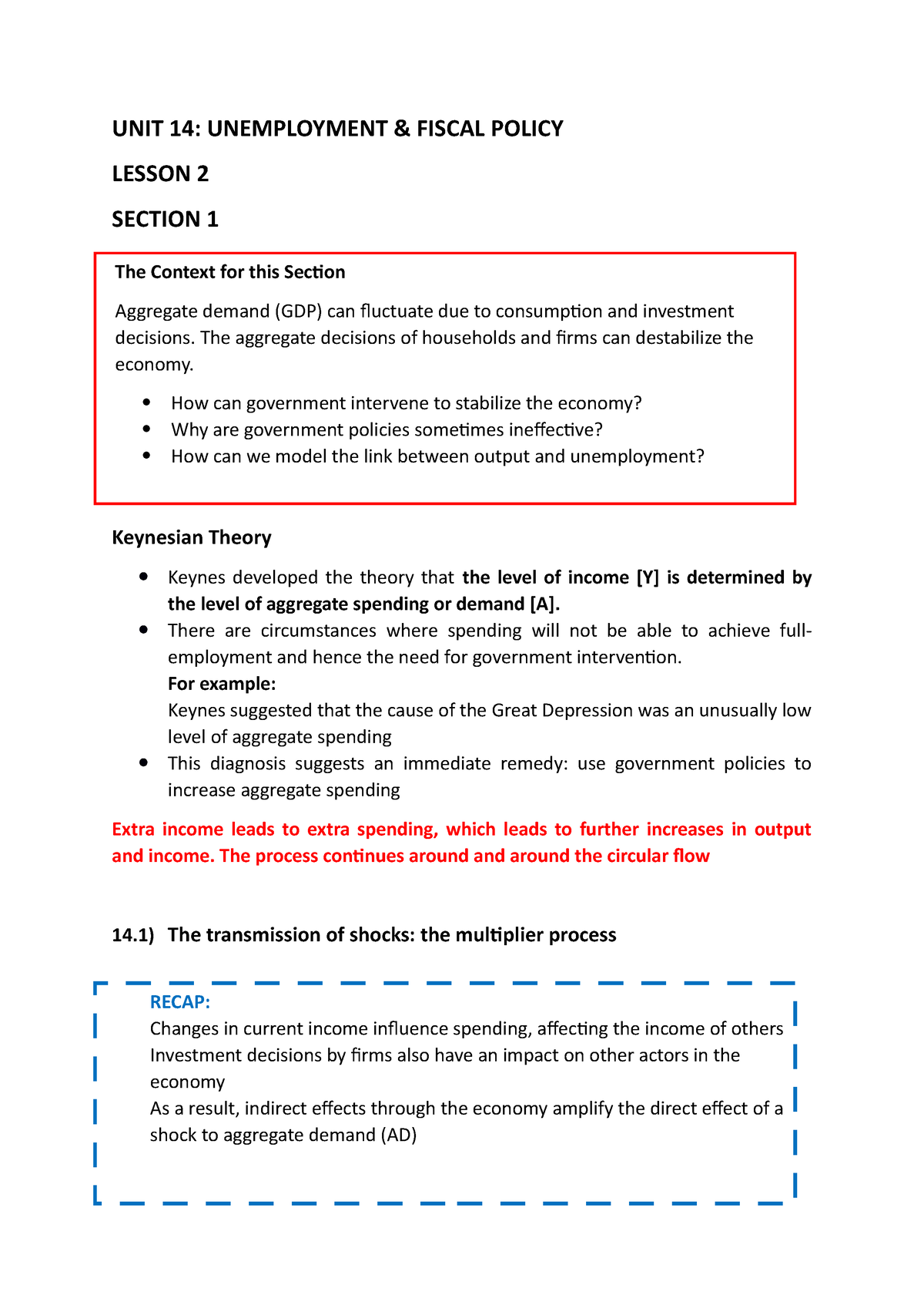 Lesson 2 (Unit 14) Summary - UNIT 14: UNEMPLOYMENT & FISCAL POLICY ...