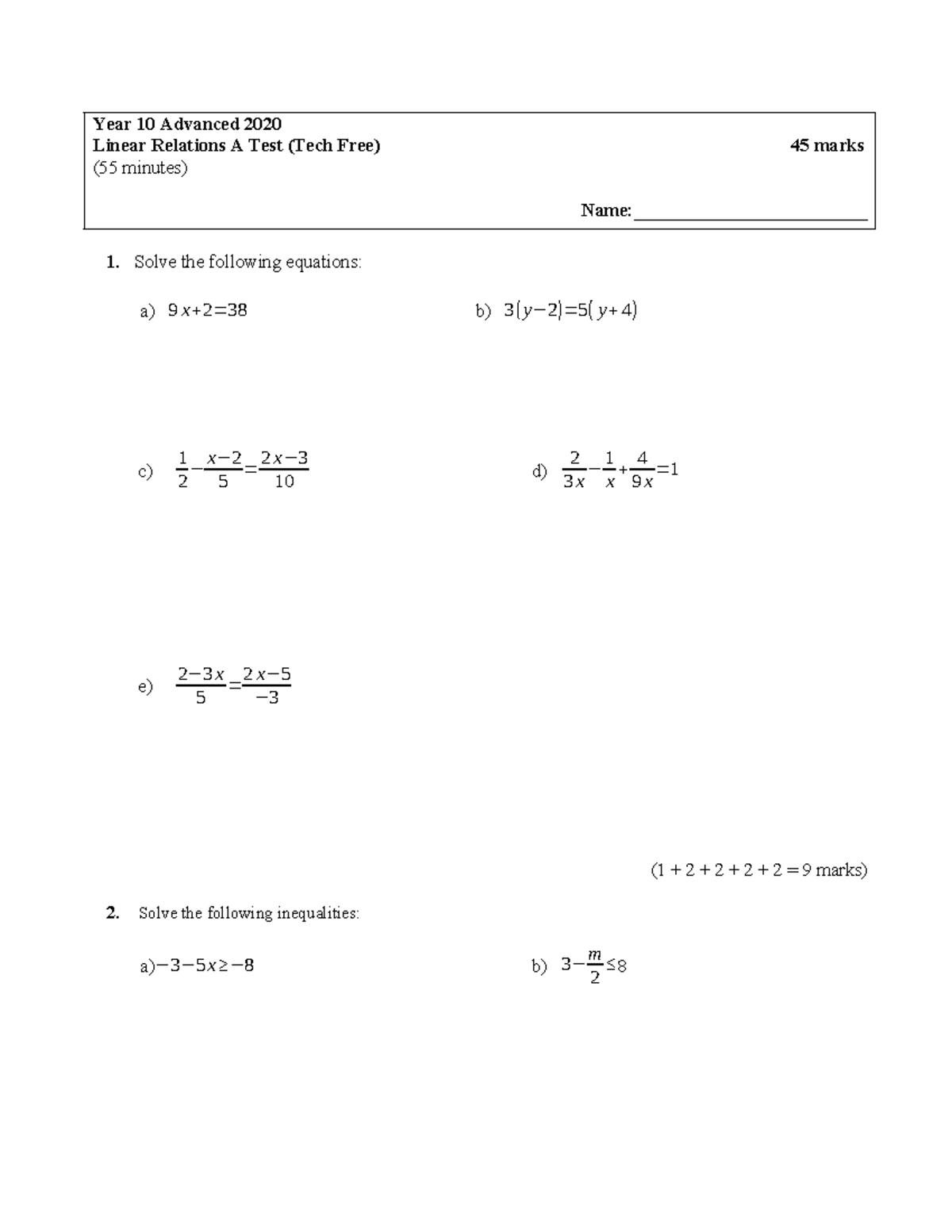 Year 10 2023 Linear Relations Practice Test - Year 10 Advanced 2020 ...