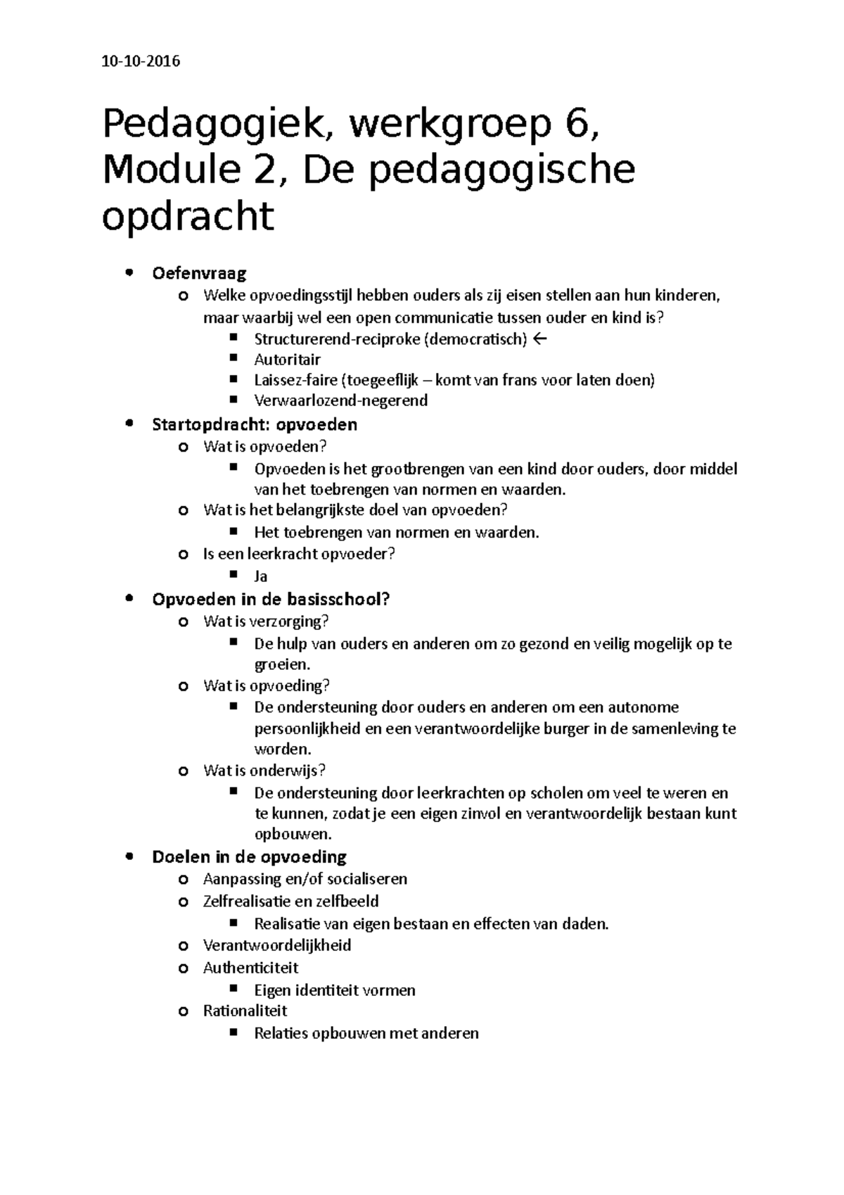 Pedagogiek Werkgroep 6 - 10-10- Pedagogiek, Werkgroep 6, Module 2, De ...